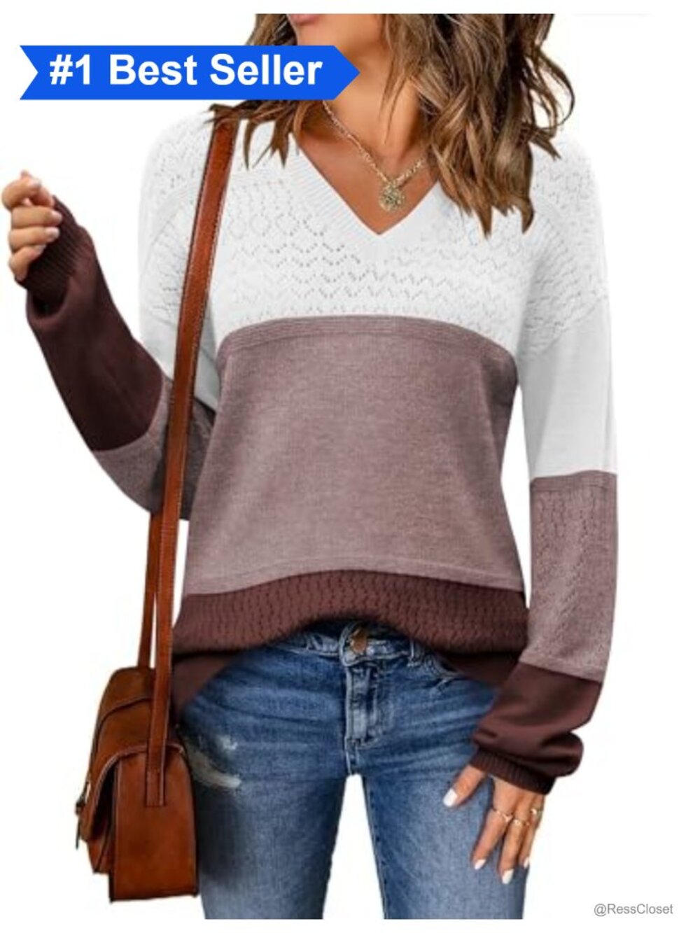 Viscose Blend V-Neck Crochet Pullover Sweater